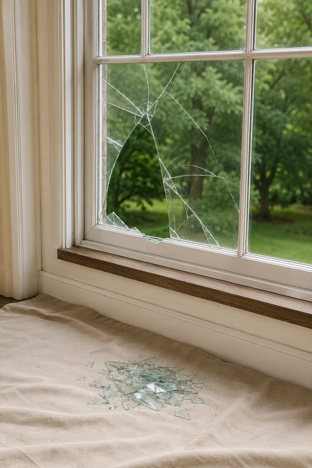 Broken residential window glass prepared for careful removal and cleanup