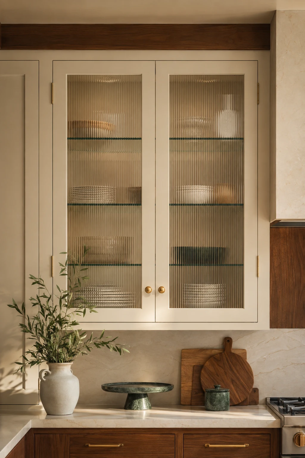 Professional kitchen cabinet update with decorative reeded glass inserts
