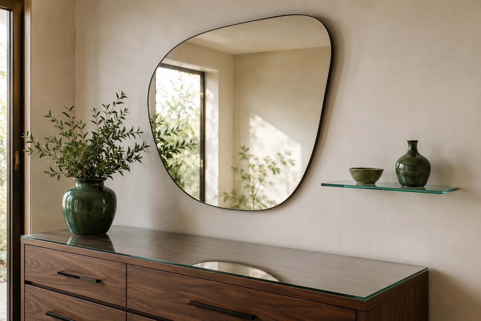 Custom wall mirror, protective furniture glass, and floating glass shelf