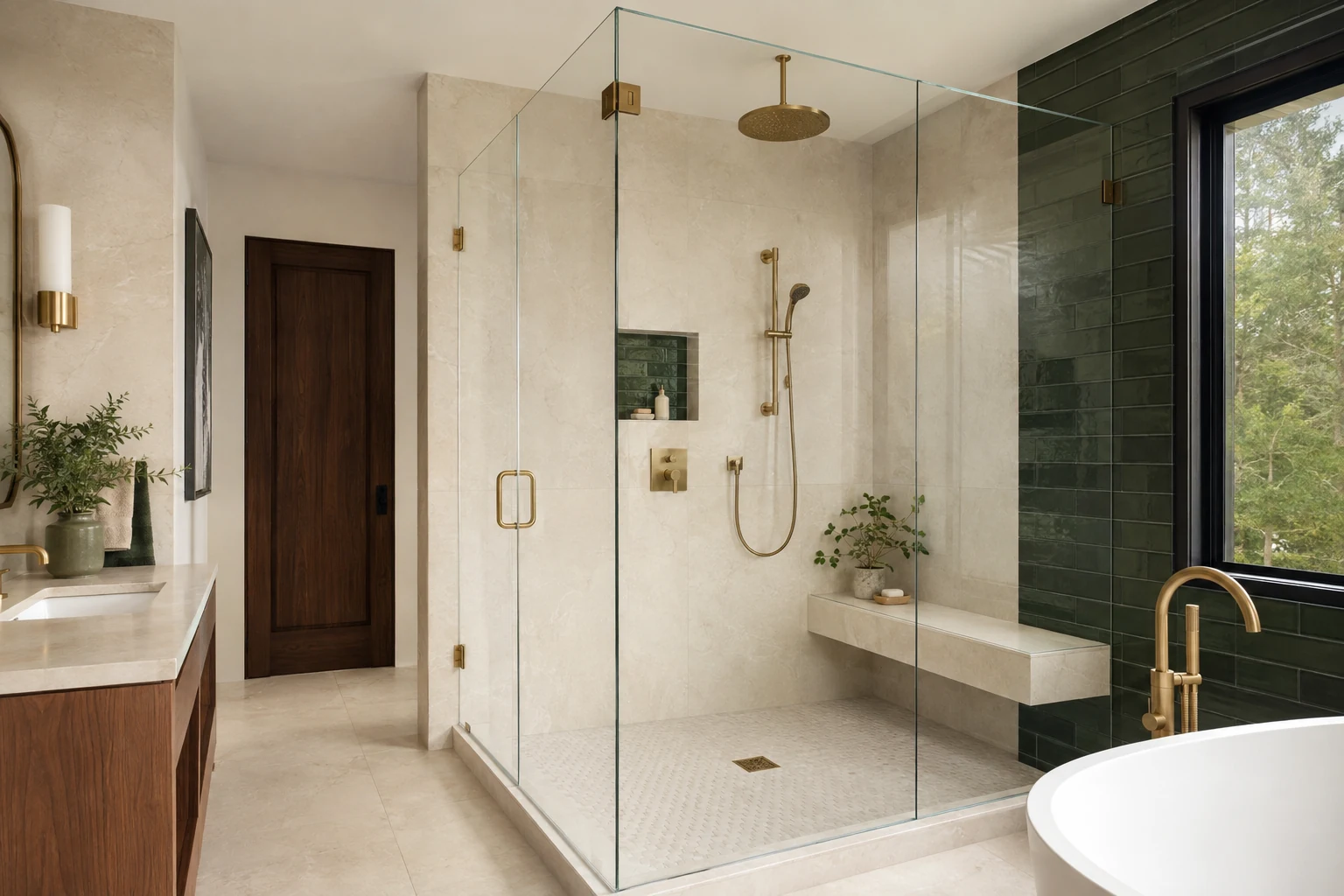 Custom frameless glass shower enclosure with minimal brass hardware