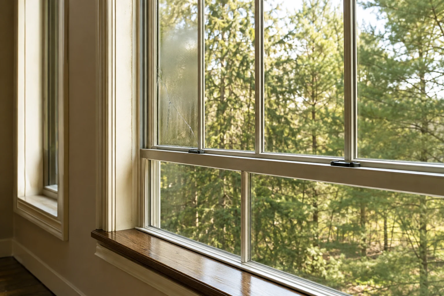 Clear residential window glass with a damaged pane ready for professional repair