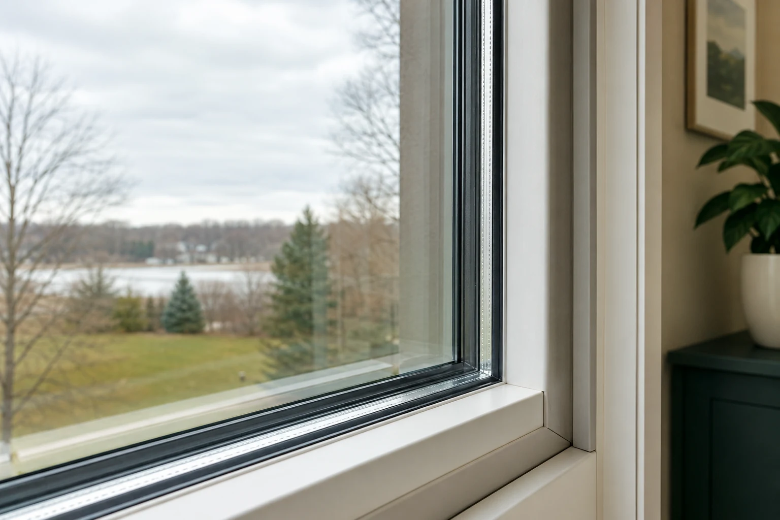Close view of professionally installed insulated double-pane window glass