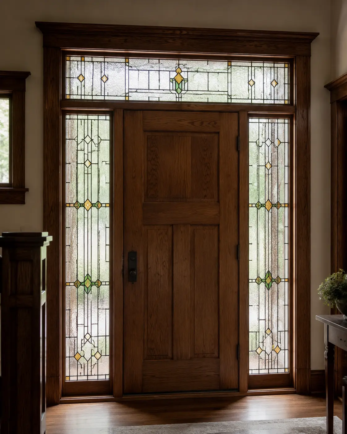 Restored leaded glass sidelights and transom surrounding an oak entry door