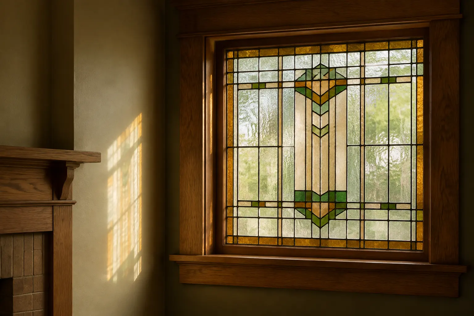 Restored Prairie-style leaded stained glass window in an oak frame