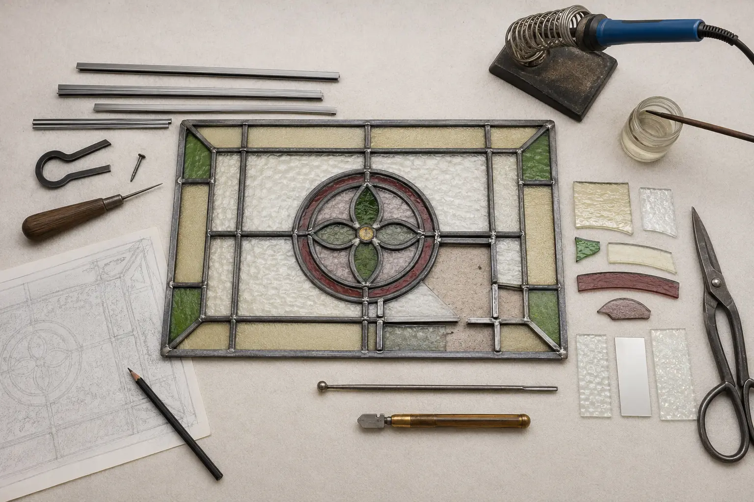 Leaded stained glass panel arranged on a restoration workbench with glass samples and hand tools