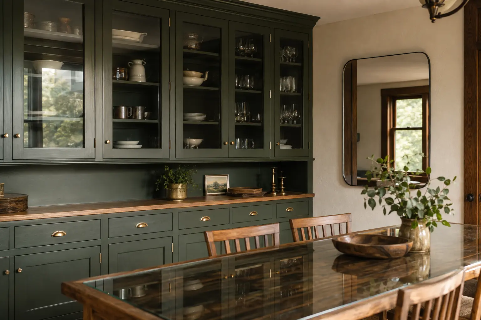 Custom cabinet-door glass, mirror, and protective glass tabletop in a Stillwater-style home