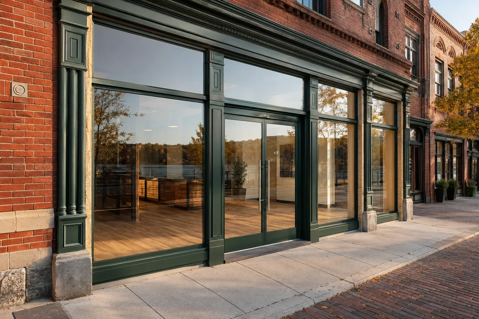 Clear replacement storefront glass in a historic brick commercial building in Stillwater
