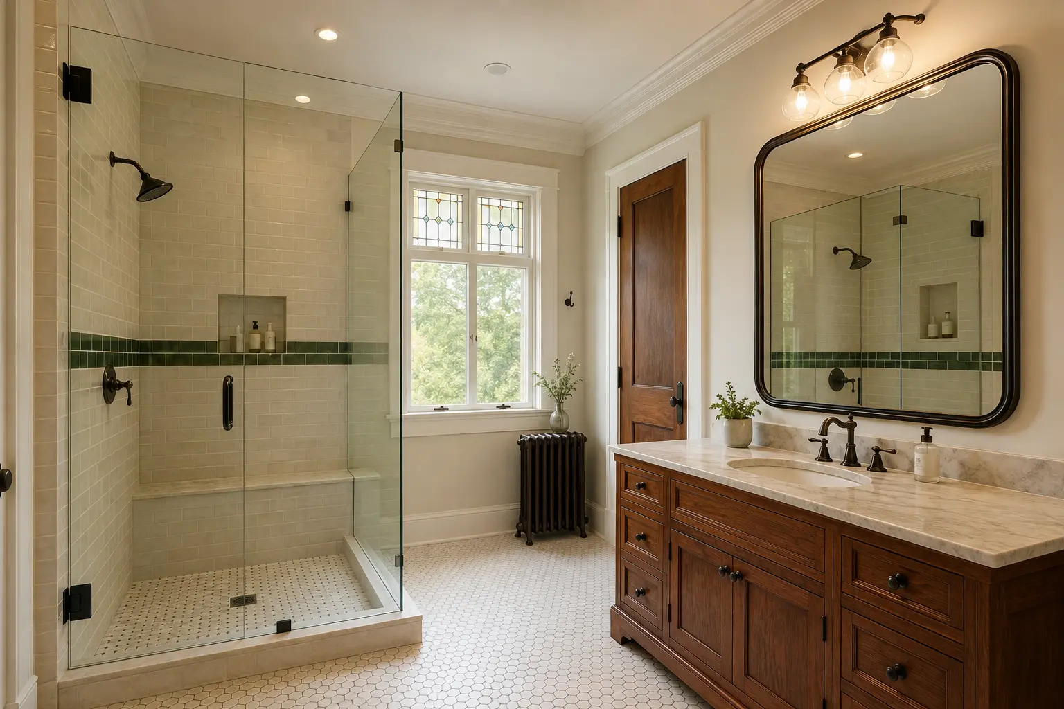 Frameless shower enclosure and custom mirror in a remodeled Stillwater-style bathroom