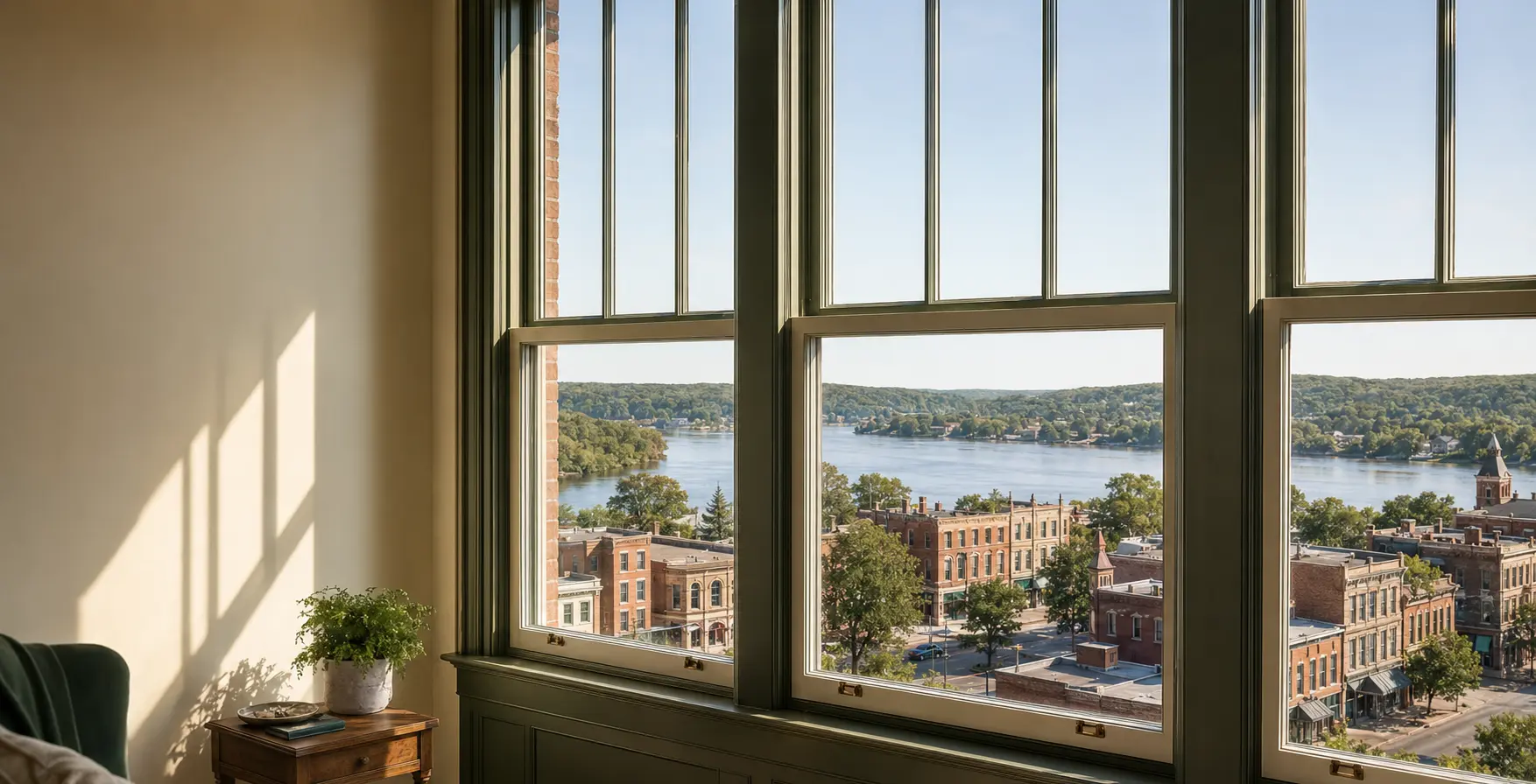 Clear replacement window glass overlooking a historic Stillwater-style riverfront neighborhood