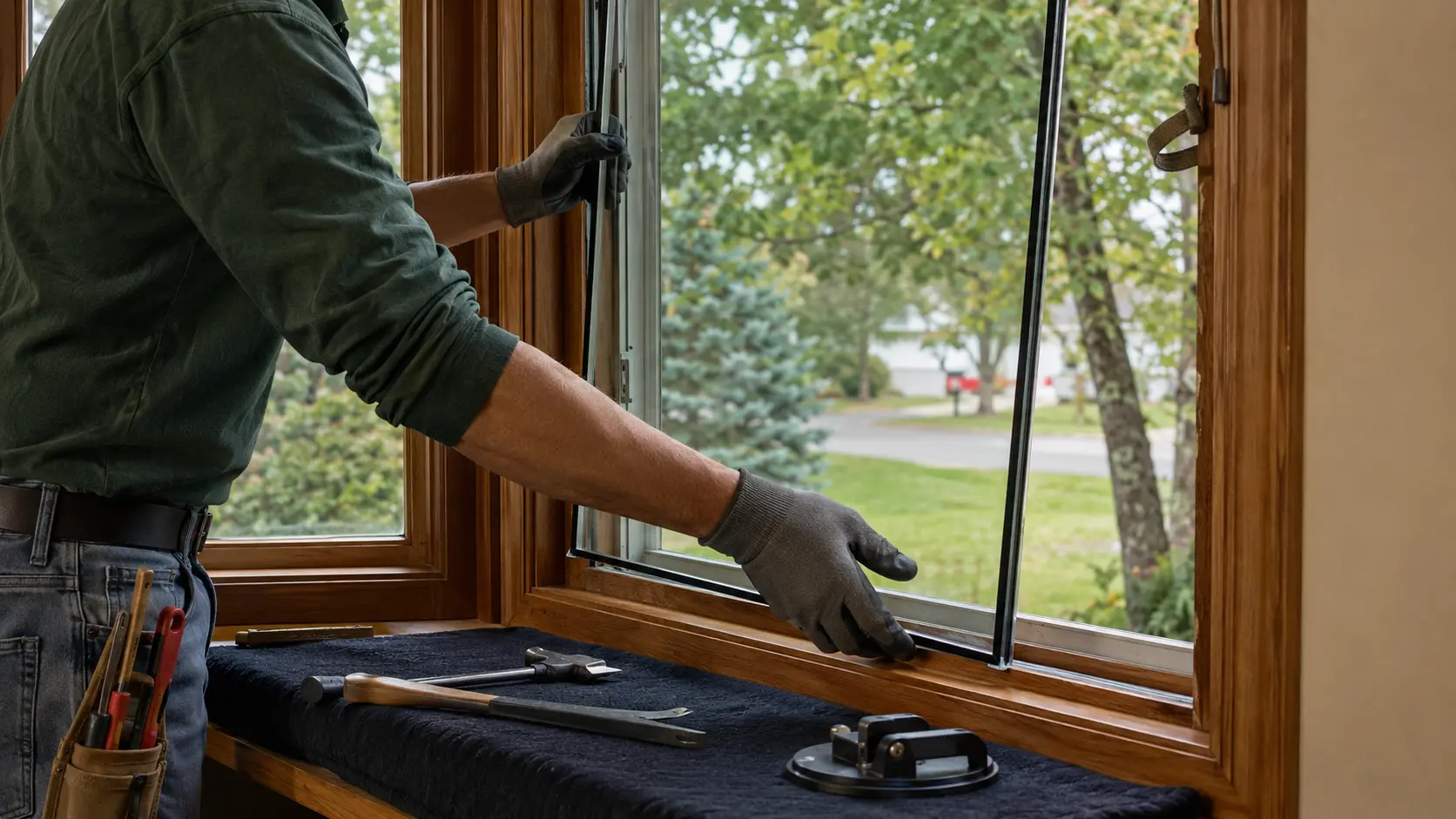 Technician replacing an insulated double-pane window glass unit in a Stillwater home