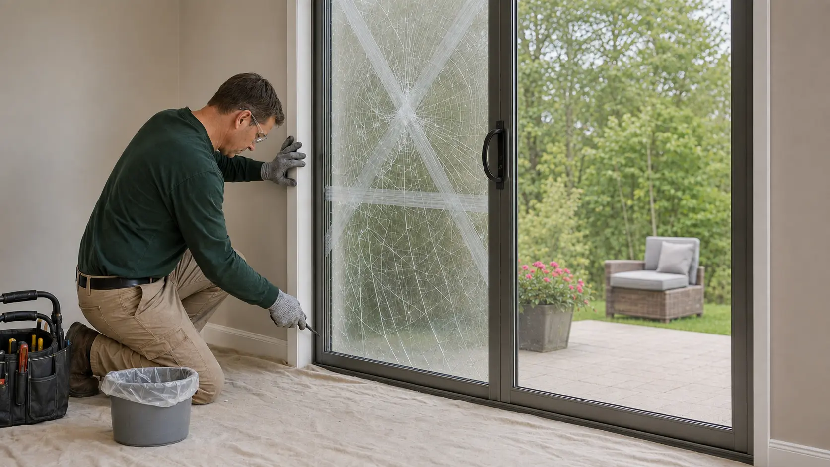 Technician preparing cracked glass in a closed sliding patio door for safe removal